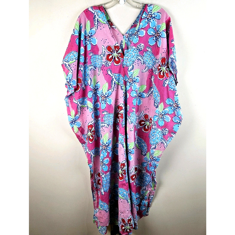 Classic Whimsy Muumuu Sz M/L Colorful Print Caftan Cover Up sea turtle Beach